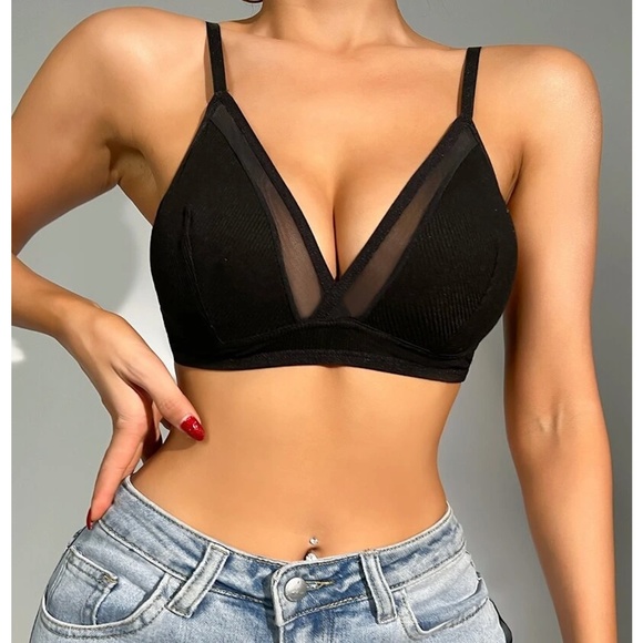 Black Mesh Insert Rib Knit Soft Bralette Triangle Shape - Picture 4 of 8